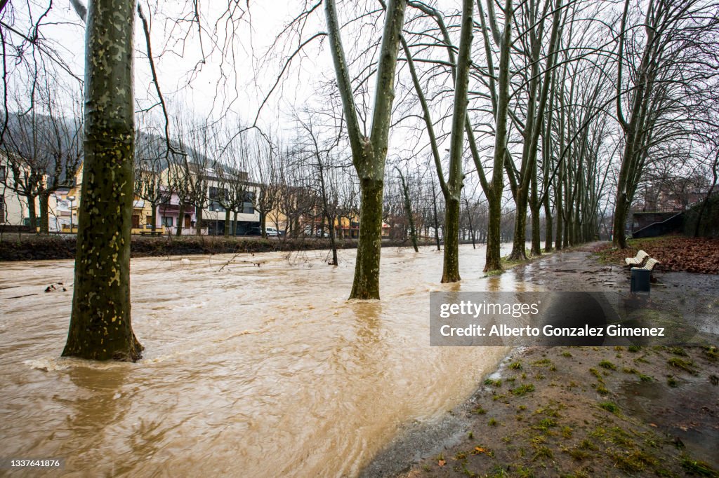 Floods in Olot town, La Garrotxa, Girona, Spain. January 2020