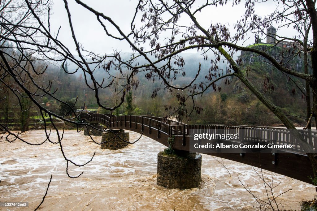 Floods in Castellfollit De La Roca, La Garrotxa, Girona, Spain. January 2020.