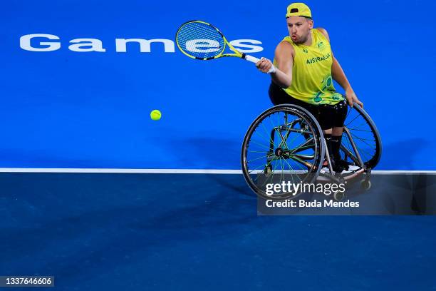 Dylan Alcott of Team Australia competes against Sam Schroder and Niels Vink of Team Netherlands during the Wheelchair Tennis Men's Quad Doubles...