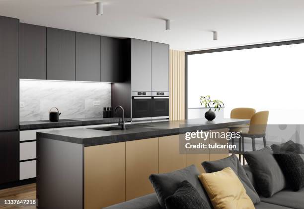 luxuriöses schwarzes wohnzimmer mit modernem minimalistischen italienischen stil offene küche mit großer langer kücheninsel. - deckenverkleidung holz stock-fotos und bilder