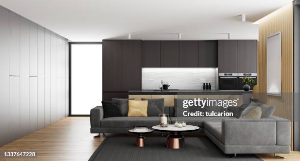 luxuriöses schwarzes wohnzimmer mit modernem minimalistischen italienischen stil offene küche mit großer langer kücheninsel. - deckenverkleidung holz stock-fotos und bilder