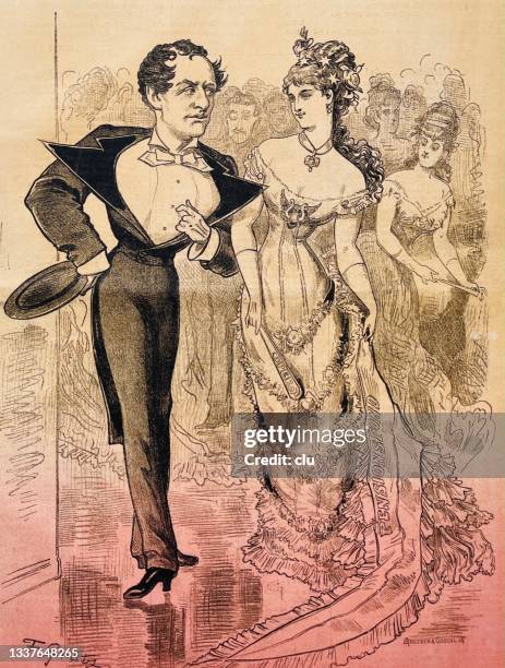 eleganter gigolo auf einem opernball, der seinen stolz weit geöffnete brust präsentiert - 1877 stock-grafiken, -clipart, -cartoons und -symbole