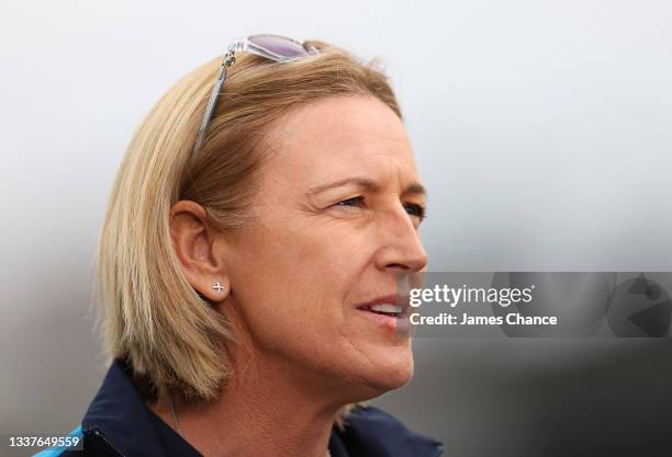 Lisa Keightley, Head coach of England speaks to the media prior to the International T20 match between England and New Zealand at the Cloudfm County...
