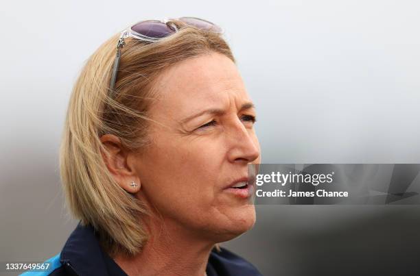 Lisa Keightley, Head coach of England speaks to the media prior to the International T20 match between England and New Zealand at the Cloudfm County...