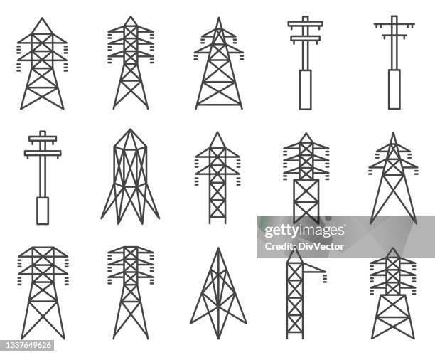 ilustraciones, imágenes clip art, dibujos animados e iconos de stock de conjunto de iconos de torre eléctrica - electricidad