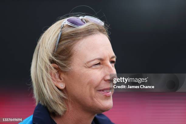 Lisa Keightley, Head coach of England speaks to the media prior to the International T20 match between England and New Zealand at the Cloudfm County...