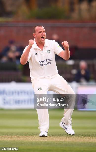 Luke Fletcher of Nottinghamshire celebrates the wicket of Jack Brooks of Somerset the final wicket of the match during Day Three of the LV= County...