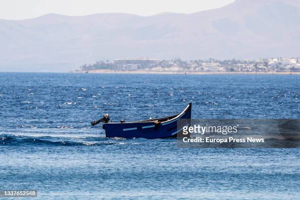 The skiff, on which 34 migrants were travelling, on its arrival at the Muelle de La Cebolla, on 1 September 2021, in Lanzarote, Canary Islands,...