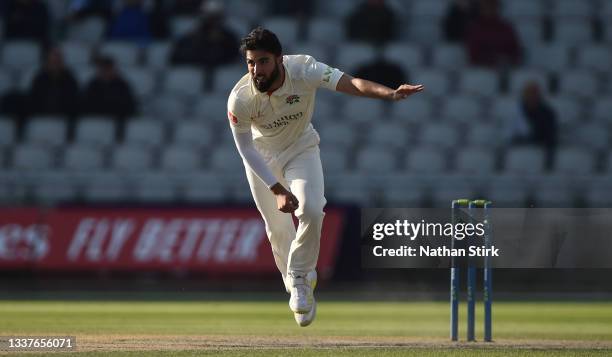 Saqib Mahmood of Lancashire runs into bowl during the LV= Insurance County Championship match between Lancashire and Warwickshire at Emirates Old...