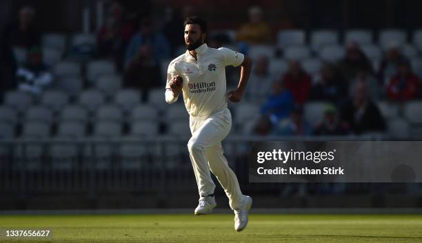 Saqib Mahmood of Lancashire runs into bowl during the LV= Insurance County Championship match between Lancashire and Warwickshire at Emirates Old...