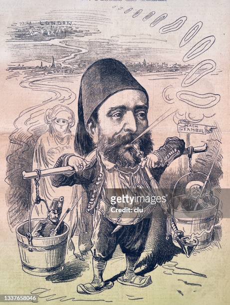 stockillustraties, clipart, cartoons en iconen met ottoman empire sultan as water carrier carrying soldiers in two buckets, he sends smoke signals behind him - aged tube