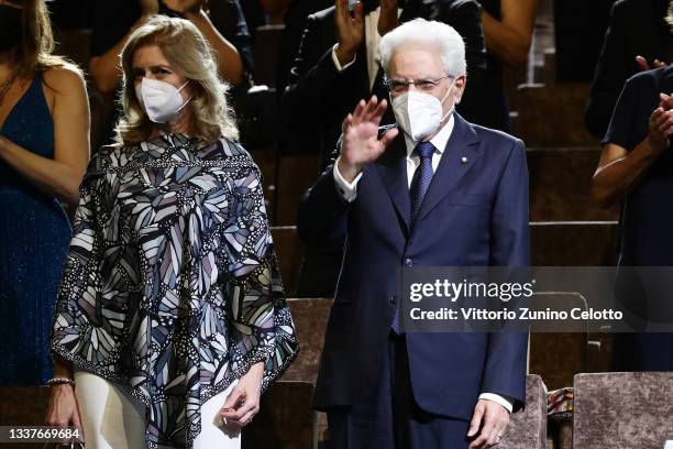 Laura Mattarella and Italian President Sergio Mattarella attend the opening ceremony during the 78th Venice International Film Festival on September...