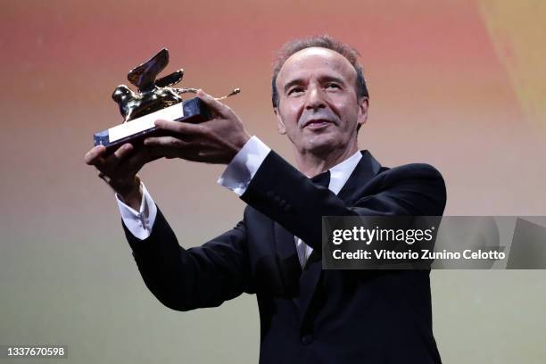 Roberto Benigni receives the Golden Lion for lifetime achievement during the opening ceremony during the 78th Venice International Film Festival on...