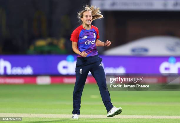 Tash Farrant of England celebrates dismissing Sophie Devine of New Zealand for LBW during the International T20 match between England and New Zealand...