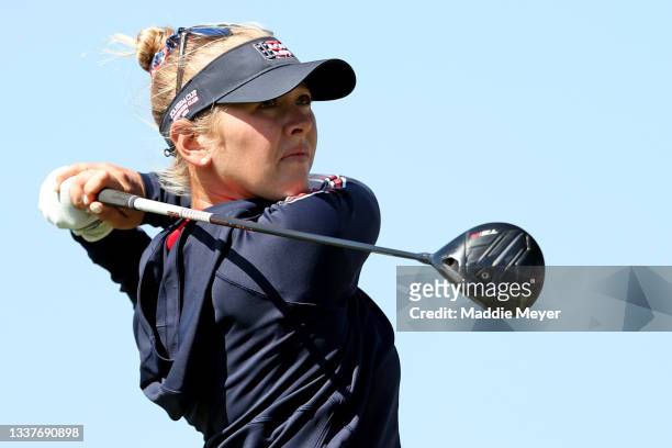 Jessica Korda of Team United States hits a tee shot during a practice round ahead of the start of The Solheim Cup at Inverness Club on September 01,...
