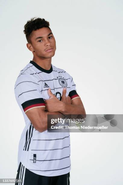 Lion Semic poses during the Germany U19 team presentation on September 01, 2021 in Villingen-Schwenningen, Germany.