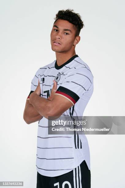 Lion Semic poses during the Germany U19 team presentation on September 01, 2021 in Villingen-Schwenningen, Germany.