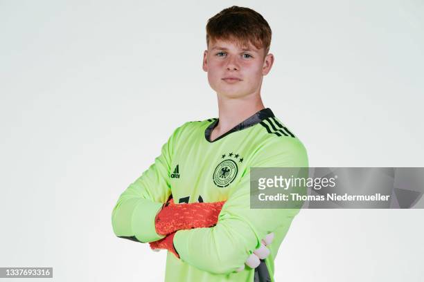 Jonas Urbig poses during the Germany U19 team presentation on September 01, 2021 in Villingen-Schwenningen, Germany.