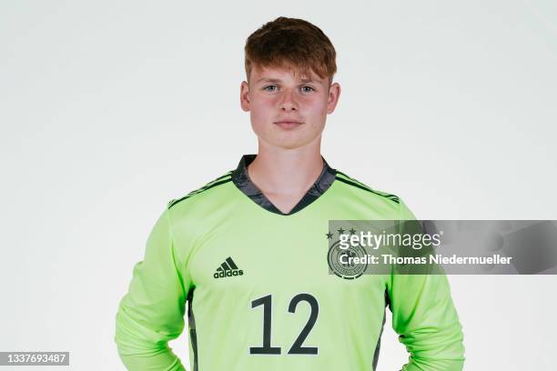 Jonas Urbig poses during the Germany U19 team presentation on September 01, 2021 in Villingen-Schwenningen, Germany.