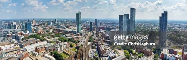 aerial view of deansgate, manchester skyline, england, uk - manchester england stock pictures, royalty-free photos & images