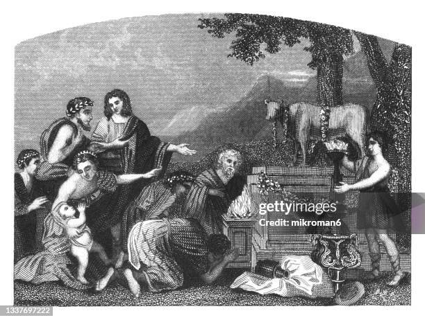 old engraved illustration of aaron makes a golden calf - baby cow costume stock pictures, royalty-free photos & images