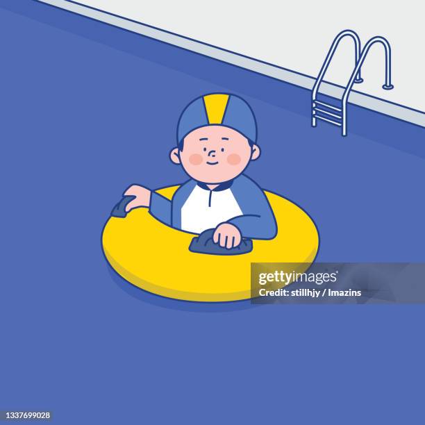 a kid in a pool - swimming cap stock illustrations