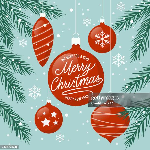 ilustraciones, imágenes clip art, dibujos animados e iconos de stock de tarjeta de felicitación navideña con bolas de navidad. ilustración vectorial. - christmas tree vector