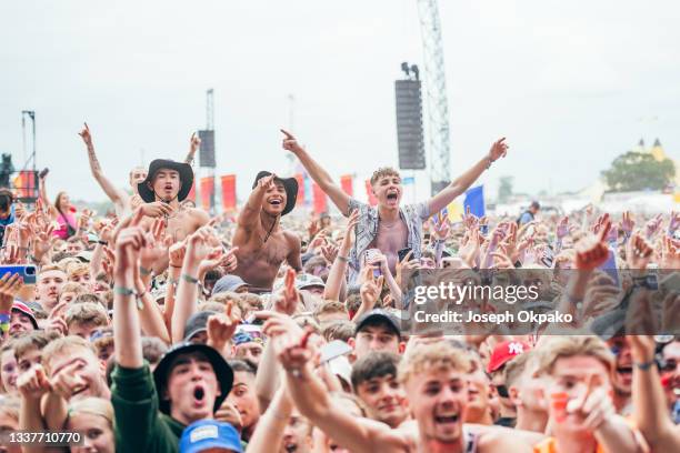 General view of the crowd as they watch KSI perform on Main Stage East during Reading Festival 2021 at Richfield Avenue on August 29, 2021 in...