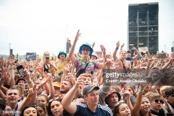 General view of the crowd as they watch KSI perform on Main Stage East during Reading Festival 2021 at Richfield Avenue on August 29, 2021 in...