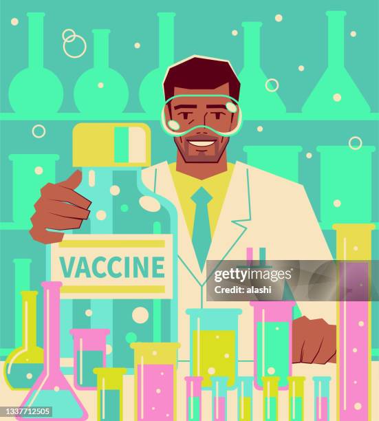 confident mature scientist (pharmacist, doctor, biochemist) developing a big covid-19 vaccine (or flu vaccine) in a laboratory - arabic doctor stock illustrations