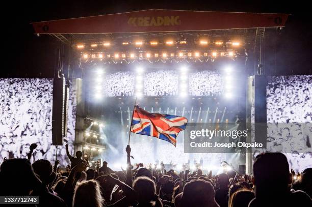 General view of a british flag waving at Main Stage East during Reading Festival 2021 at Richfield Avenue on August 29, 2021 in Reading, England.