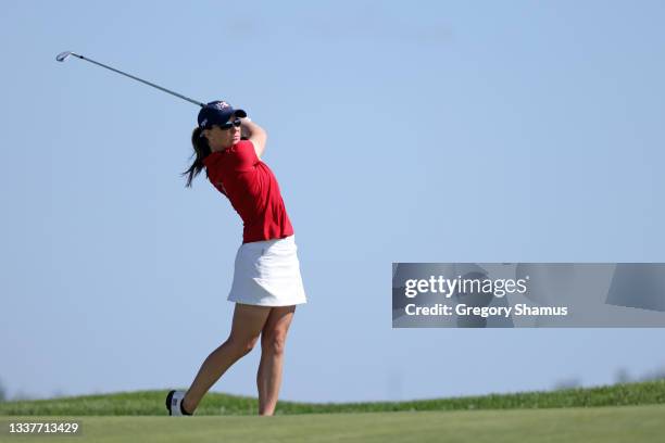 Jennifer Kupcho of Team United States plays a shot during a practice round ahead of the start of The Solheim Cup at Inverness Club on September 01,...