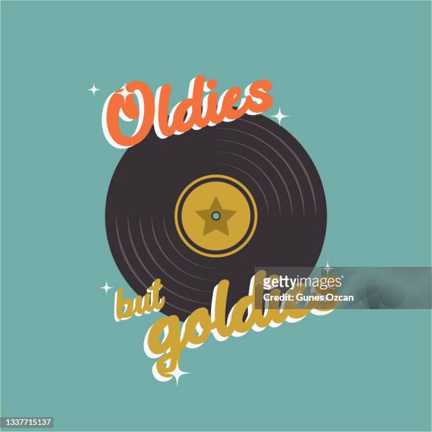 illustrazioni stock, clip art, cartoni animati e icone di tendenza di retro oldies but goldies testo con icona del disco in vinile - gold metal rock