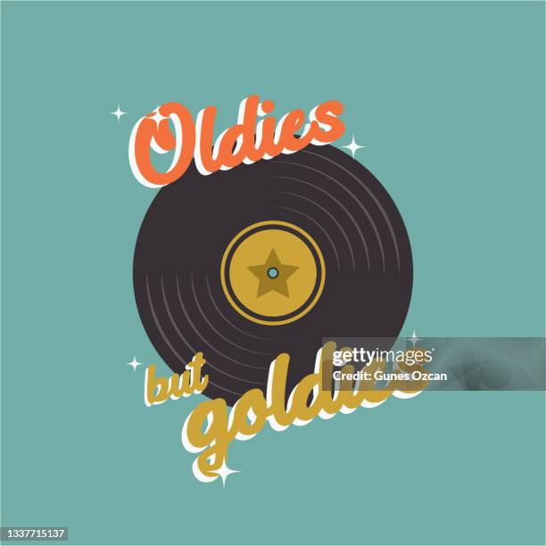 ilustrações de stock, clip art, desenhos animados e ícones de retro oldies but goldies text with vinyl record icon - rock'n roll