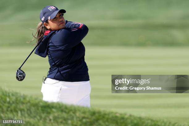 Lizette Salas of Team United States plays a shot during a practice round ahead of the start of The Solheim Cup at Inverness Club on September 01,...