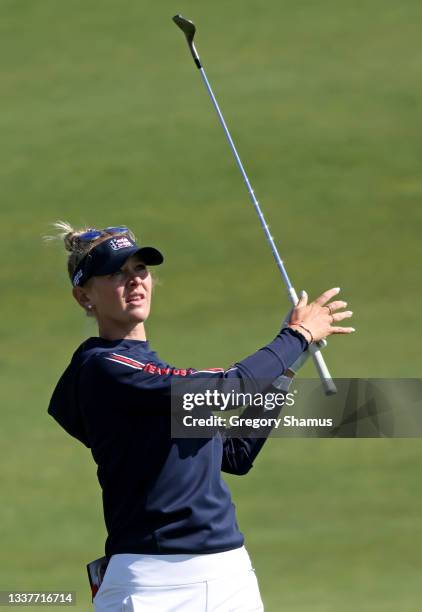 Jessica Korda of Team United States plays a shot during a practice round ahead of the start of The Solheim Cup at Inverness Club on September 01,...