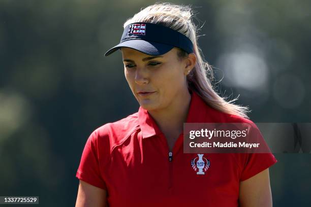 Lexi Thompson of Team United States looks on during a practice round ahead of the start of The Solheim Cup at Inverness Club on September 01, 2021 in...