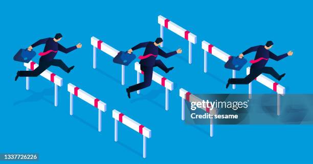 bildbanksillustrationer, clip art samt tecknat material och ikoner med isometric businessman hurdling over obstacles, overcoming obstacles, concept of business training and business competition - häcklöpning löpgren