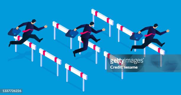 isometric businessman hurdling over obstacles, overcoming obstacles, concept of business training and business competition - jumping hurdles stock illustrations