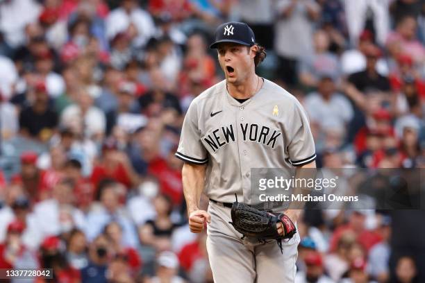 Gerrit Cole of the New York Yankees reacts after closing out the sixth inning against the Los Angeles Angels at Angel Stadium of Anaheim on September...