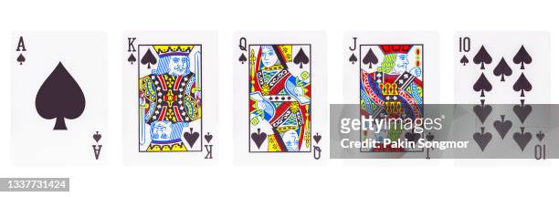 royal flush spades isolated on white background. clipping path - face card stock-fotos und bilder