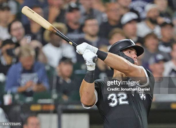 Gavin Sheets of the Chicago White Sox hits a three run home run in the 4th inning against the Pittsburgh Pirates at Guaranteed Rate Field on...