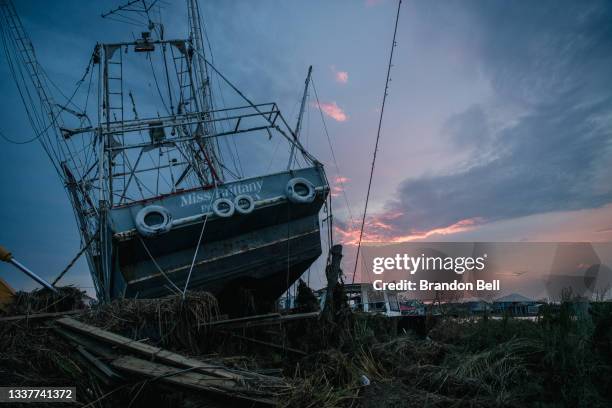 Ship that was washed ashore during Hurricane Ida is seen on September 1, 2021 in Jean Lafitte, Louisiana. Jean Lafitte Mayor Tim Kerner has pleaded...