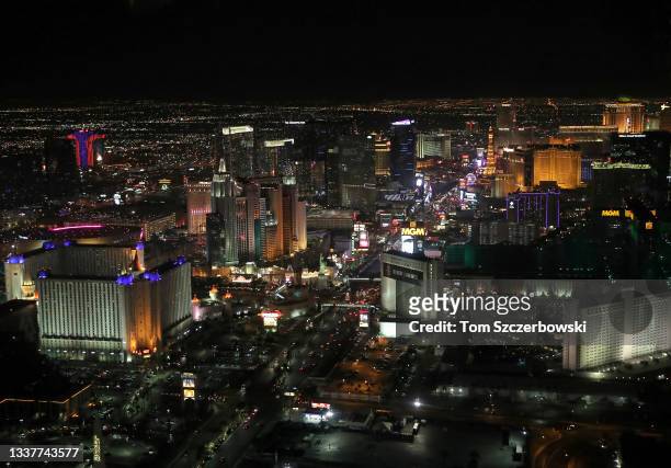An aerial view of the strip and the Las Vegas city skyline at night on January 2, 2018 in Las Vegas, Nevada.