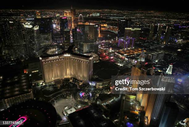 An aerial view of the Las Vegas city skyline and the strip at night on January 2, 2018 in Las Vegas, Nevada.