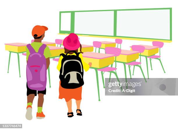 classroom with boy and girl entering pink - elementary school classroom stock illustrations