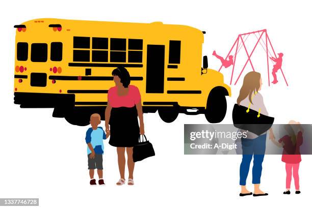 ilustrações, clipart, desenhos animados e ícones de estudantes de deslocamento de ônibus escolar - school yard