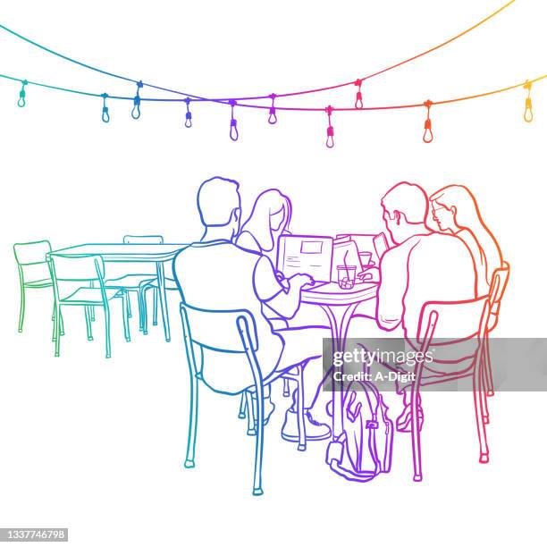 students working together coffeeshop rainbow - using laptop outside stock illustrations