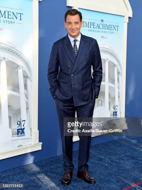 Clive Owen attends the Premiere of FX's "Impeachment: American Crime Story" at Pacific Design Center on September 01, 2021 in West Hollywood,...
