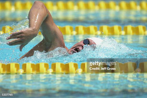 Eric Vendt swims the freestyle portion of the 400m Individual Medley preliminary race during the Janet Evans Invitational on July 20, 2002 at the...